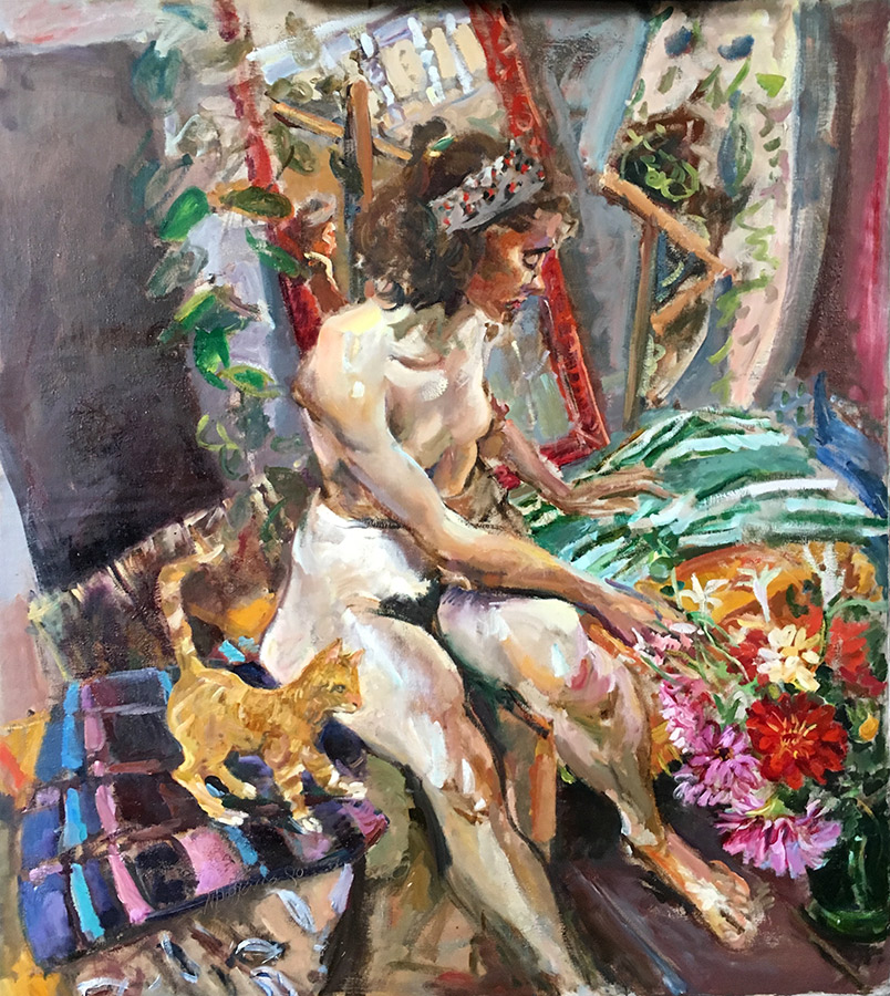 Raoul Middleman painting, Nude With Kitten